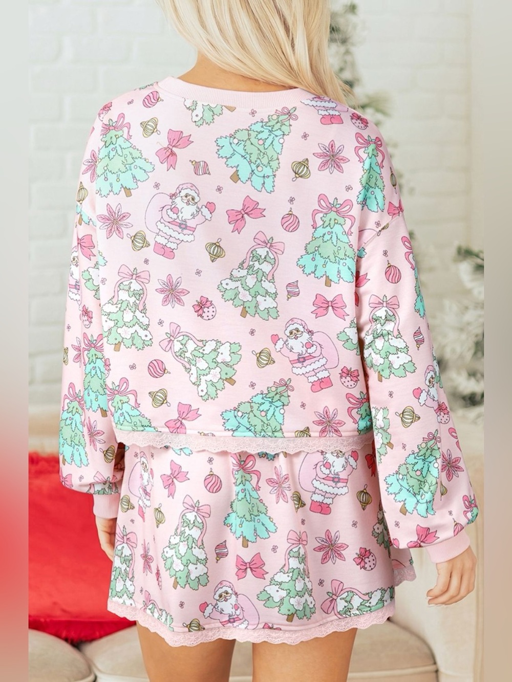 Floral Print Lace Trim Long Sleeve Top and Skirt Set - Picture 2 of 15